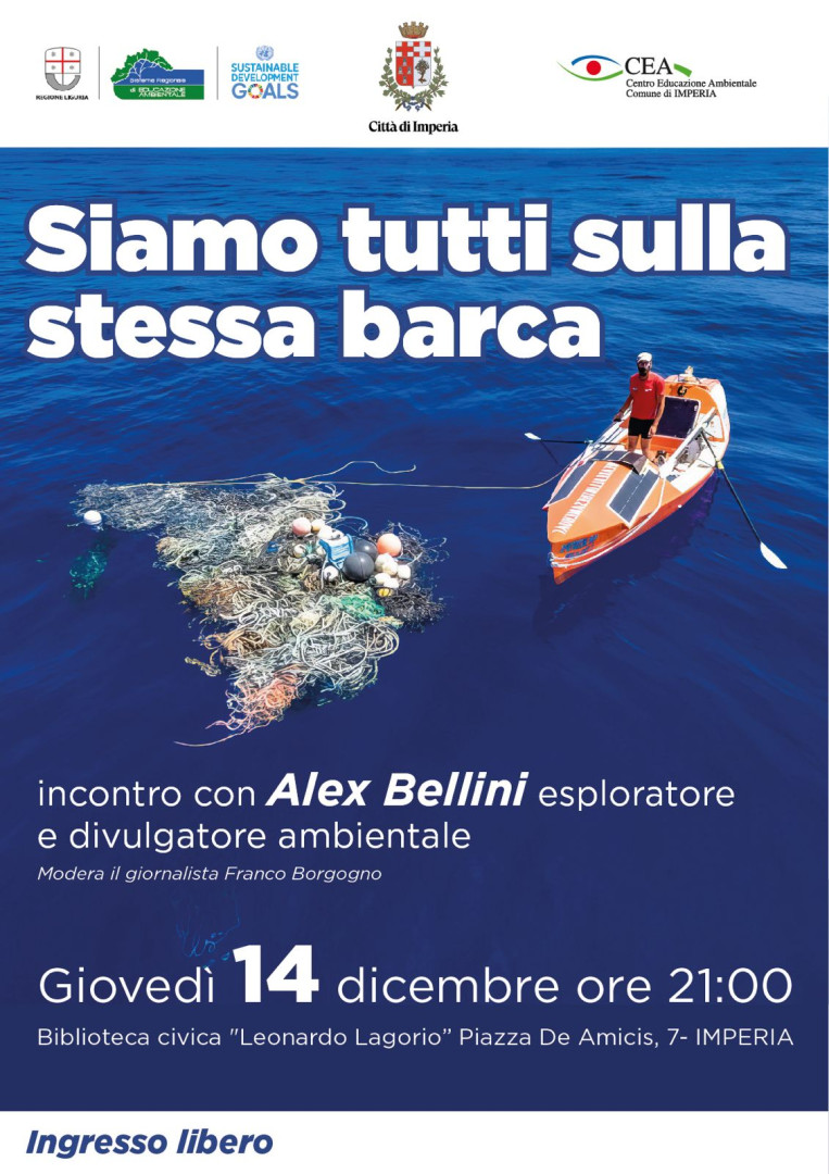 Imperia, giovedì 14 dicembre in Biblioteca l’incontro “Siamo tutti sulla stessa barca” con l’esploratore e divulgatore ambientale Alex Bellini