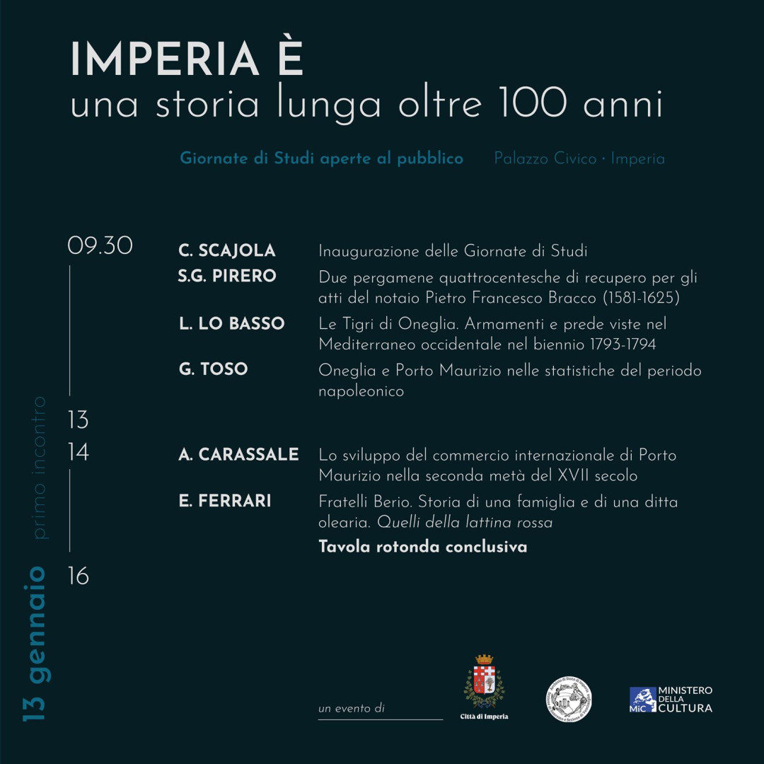 Imperia, Sabato 13 gennaio a Palazzo Civico la prima di quattro giornate di studio sulla storia della città