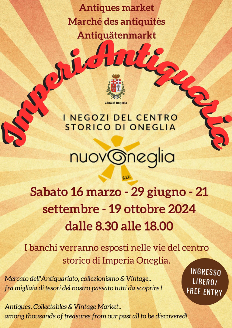 “ImperiAntiquaria”, sabato 16 marzo il primo appuntamento del Mercato dell’Arte e dell’Antiquariato ad Oneglia
