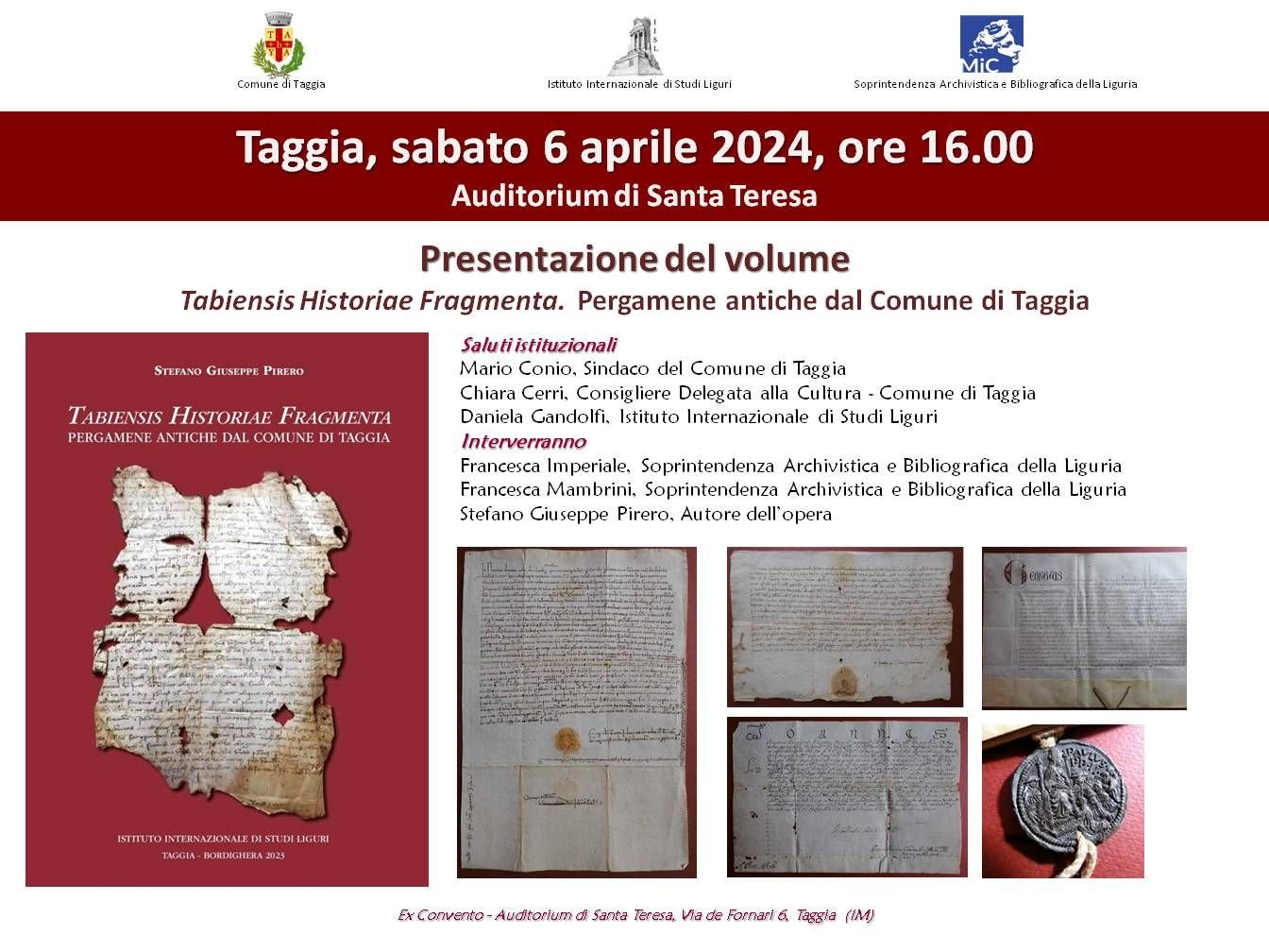 A Taggia, sabato la presentazione del volume Tabiensis Historiae Fragmenta Pergamene antiche dal Comune di Taggia