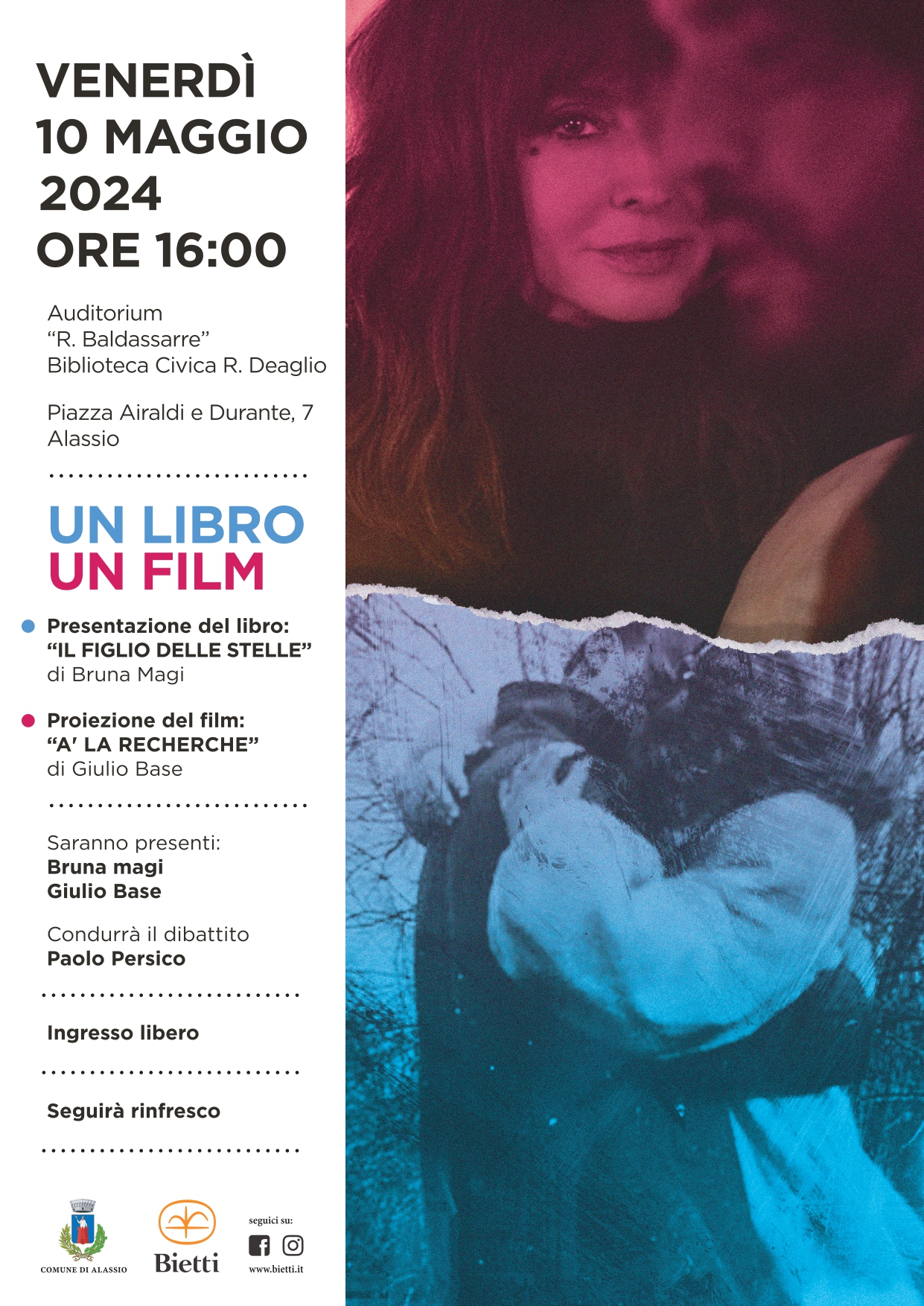 “Un libro, un film”: venerdì appuntamento alla Biblioteca Civica di Alassio con “Il figlio delle stelle” di Bruna Magi e A’ la recherche” di Giulio Base 