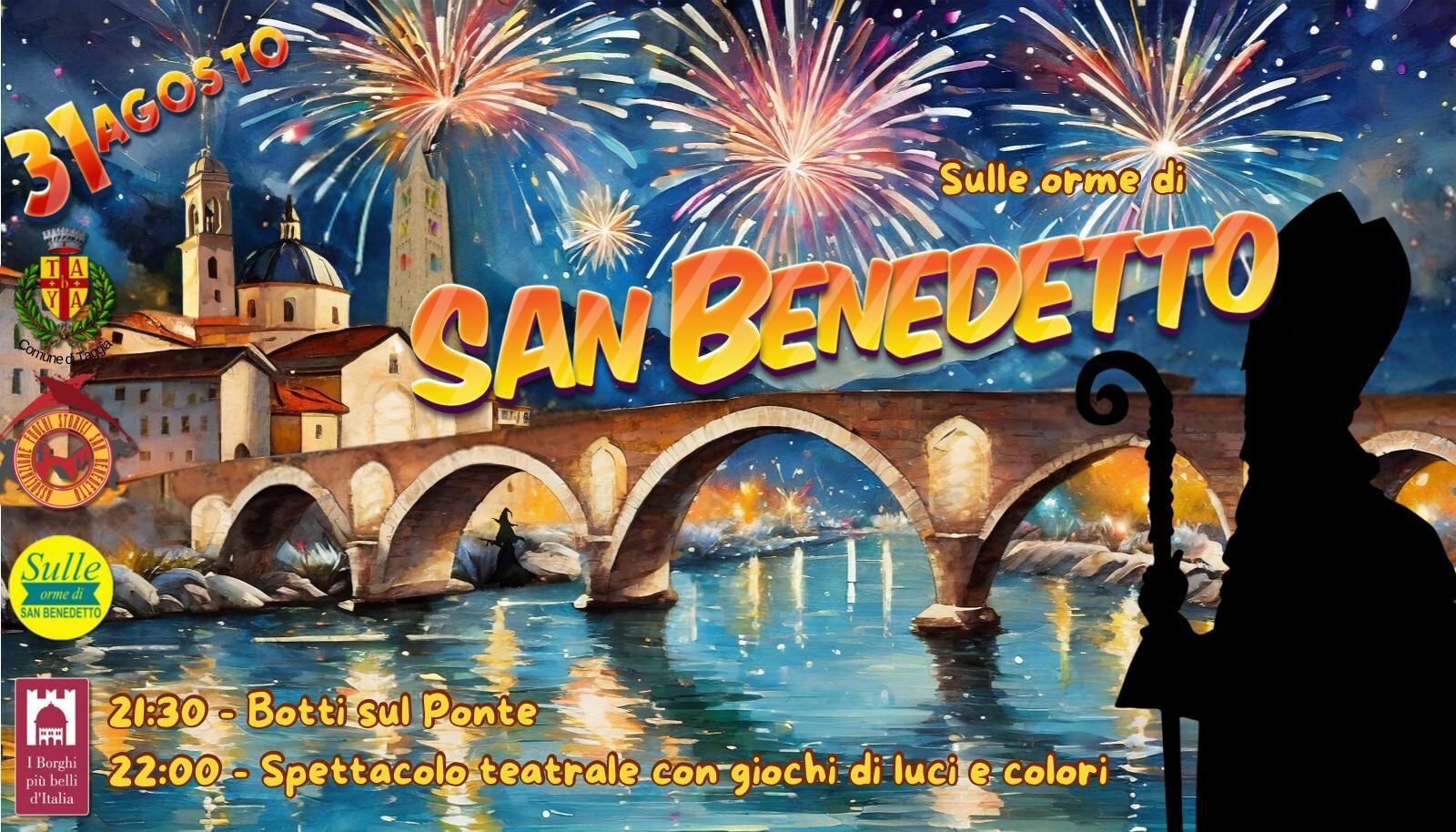 Taggia, sabato torna “Sulle Orme di San Benedetto”: fuochi sul Ponte Antico, teatro a cura dei Rioni, musica e…