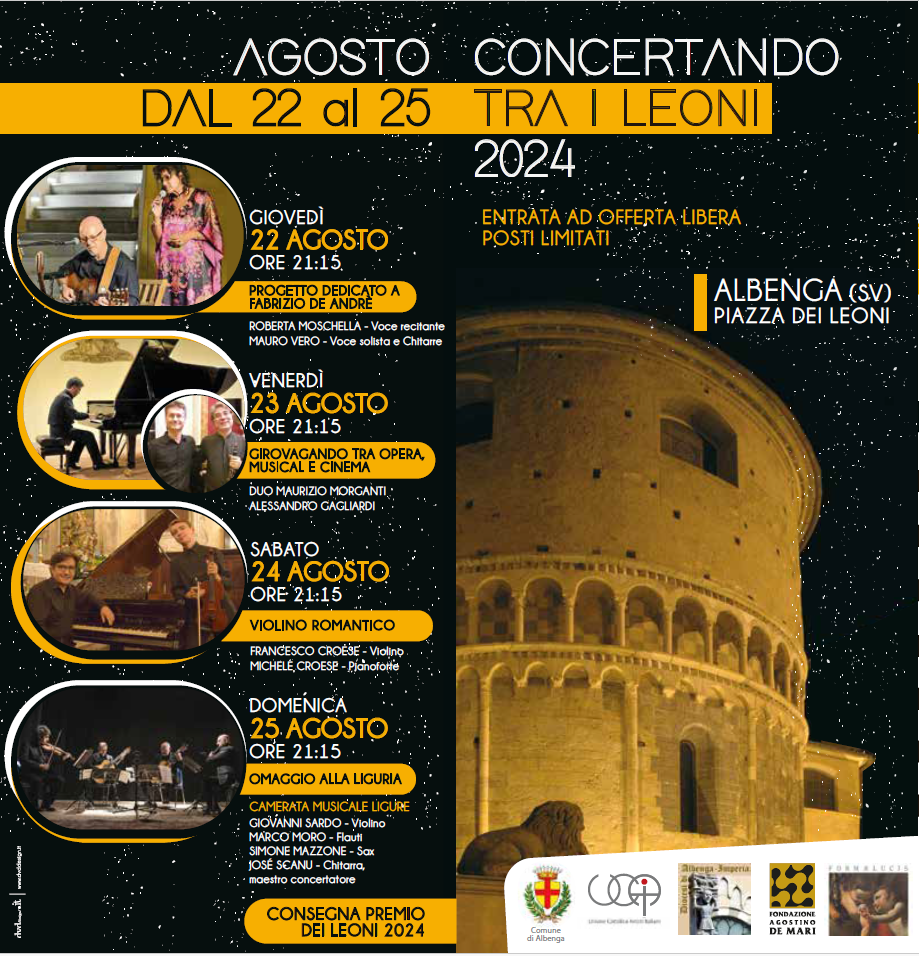 Tutto pronto a Loano per Concertando tra i Leoni  da giovedì 22 agosto a domenica 25agosto