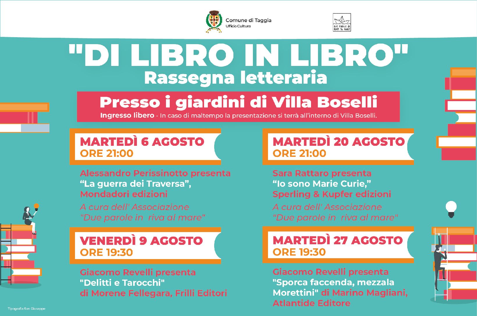 Arma di Taggia, Ad agosto e a settembre prosegue la rassegna letteraria “Di Libro in Libro”
