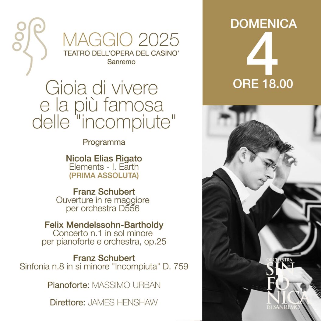 “Gioia di vivere e la più famosa delle incompiute” con l’Orchestra Sinfonica di Sanremo e il pianista Massimo Urban domenica al Teatro dell’Opera del Casinò