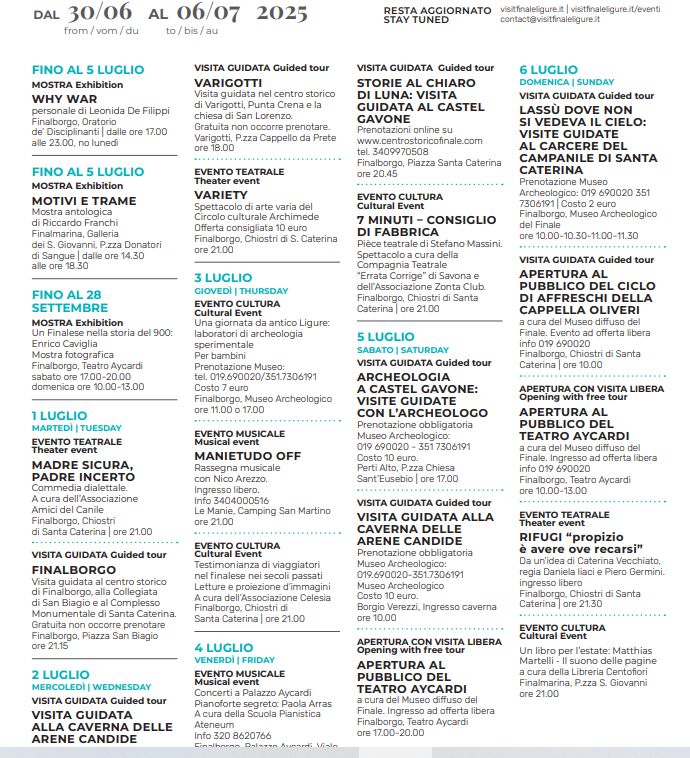 Il calendario iniziative questa settimana a Finale Ligure