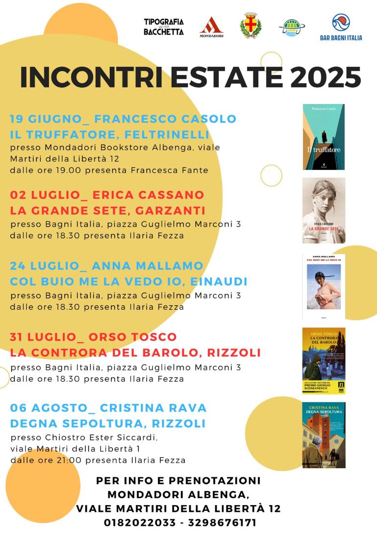 “Incontri Estate 2025”: ad Albenga torna la rassegna letteraria con grandi autori e novità editoriali