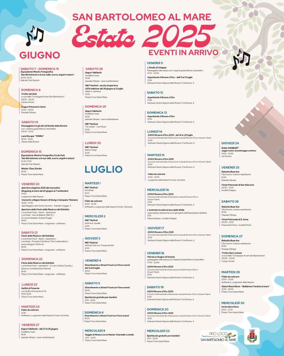 Ecco il programma degli eventi per giugno e luglio 2025 a San Bartolomeo al Mare
