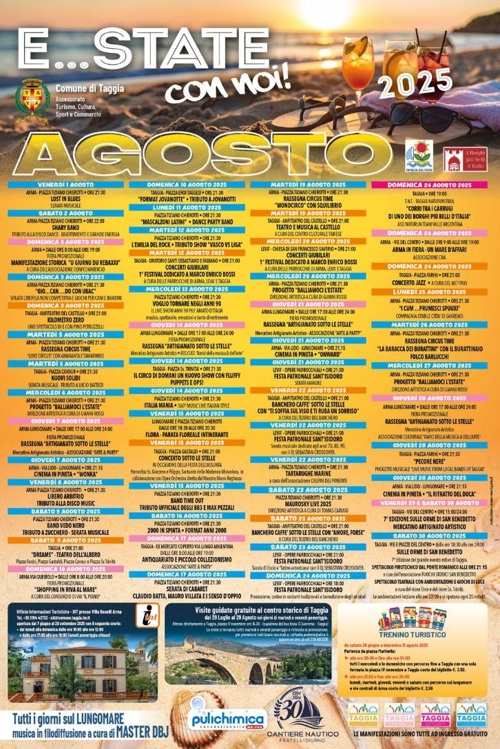 Taggia, un mare di eventi per il mese di agosto: oltre 50 manifestazioni e iniziative: musica, teatro, cultura, cabaret e sport, ecco il ricco calendario delle manifestazioni estive