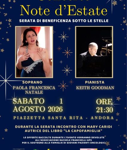 “Concerto Note d’Estate” ad Andora: musica, letteratura e solidarietà in Piazzetta Santa Rita