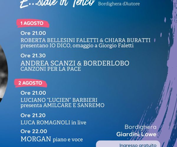 “E…state in Tenco” a Bordighera: due giorni di musica e parole ai Giardini Lowe con Morgan e Andrea Scanzi