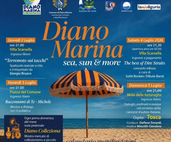 Luglio ricco di eventi tra cultura, musica e divertimento a Diano Marina. La prima metà del mese si preannuncia intensa, con un calendario fitto di appuntamenti pensati per residenti e turisti di ogni età.