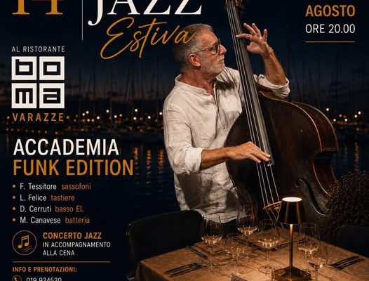 “Le notti jazz sul mare” a Varazze: il 6 agosto cena in musica al Ristorante Boma con l’Accademia Funk Edition