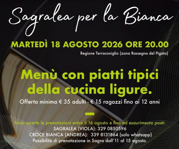 “Sagralea per la Bianca”: ad Albenga una serata di solidarietà e cucina tipica ligure