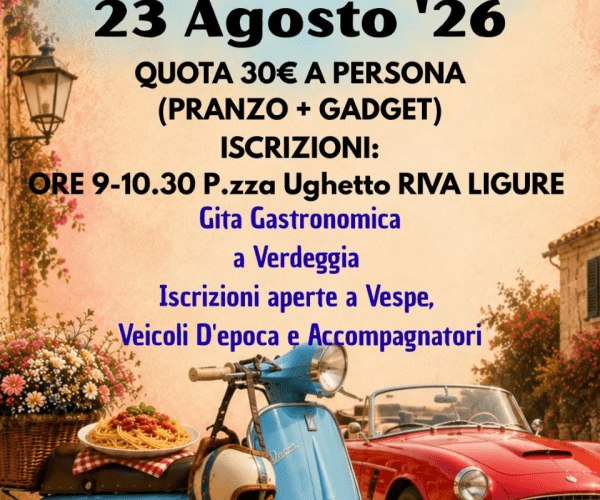 “Motori & Sapori” a Riva Ligure: il 23 agosto gita gastronomica in Vespa e veicoli d’epoca