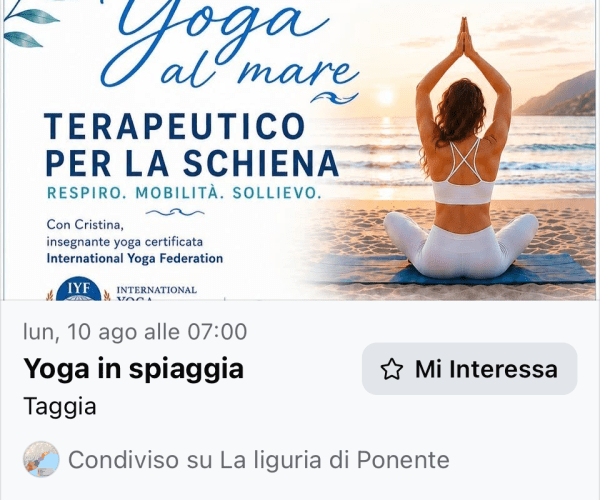 “Yoga al mare” a Taggia: lunedì 10 agosto una seduta mattutina dedicata al benessere della schiena