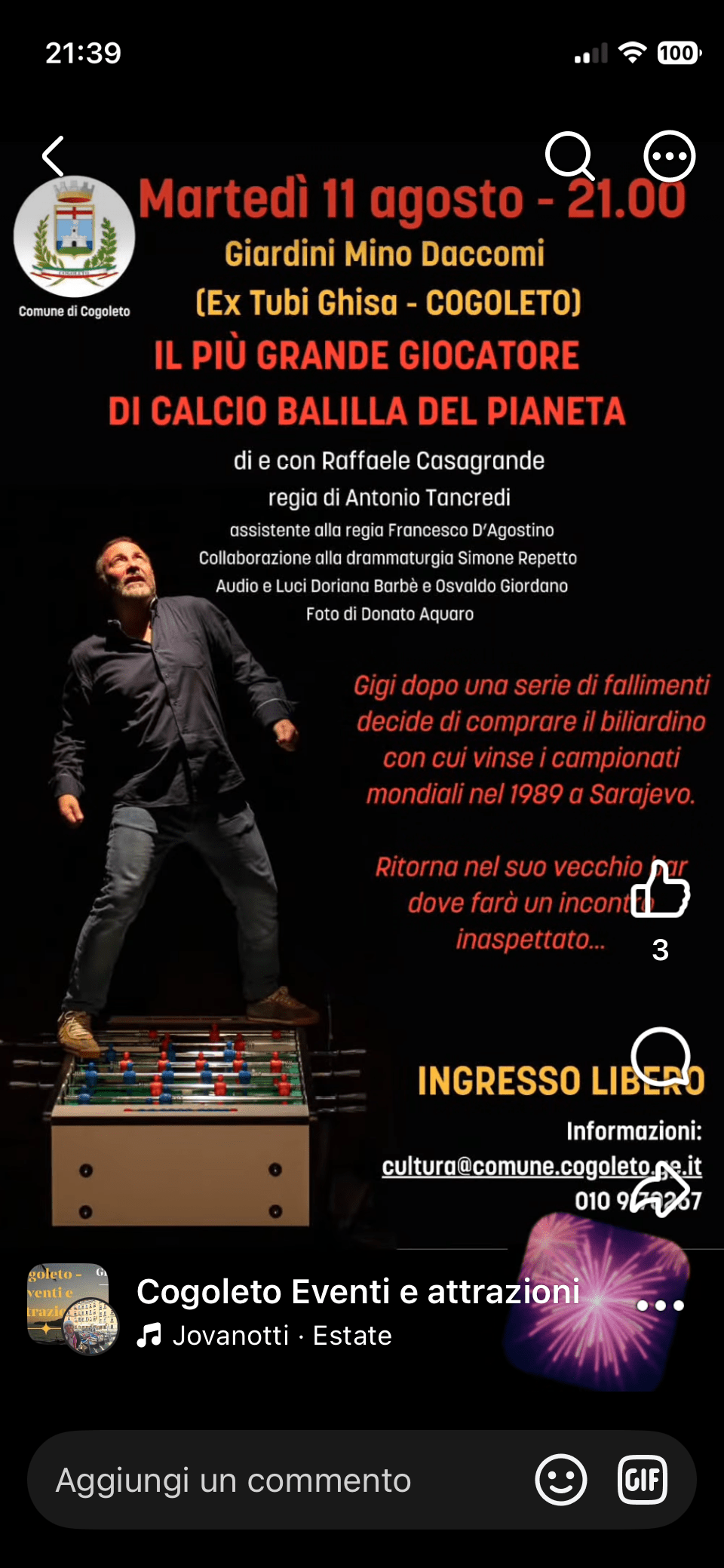 A Cogoleto va in scena “Il più grande giocatore di calcio balilla del pianeta”: l’11 agosto teatro a ingresso libero