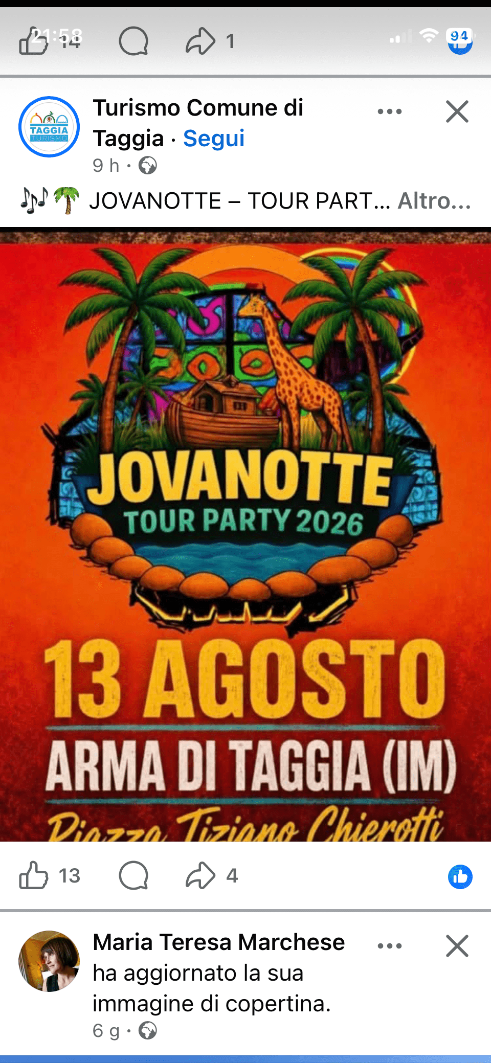 “Jovanotte Tour Party 2026”: il 13 agosto Arma di Taggia si prepara a far festa in piazza