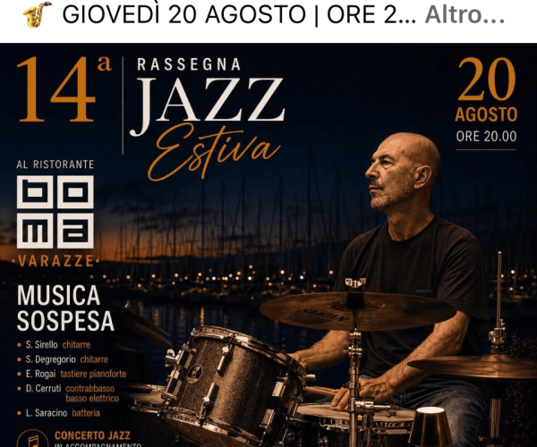 Cena a ritmo di jazz a Varazze: giovedì 20 agosto la musica dal vivo anima il Boma Ristorante