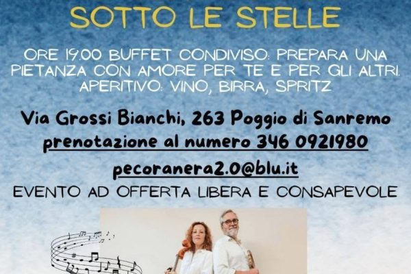 “Apericena e musica sotto le stelle”: sabato 29 agosto buffet condiviso e note d’autore a Poggio di Sanremo