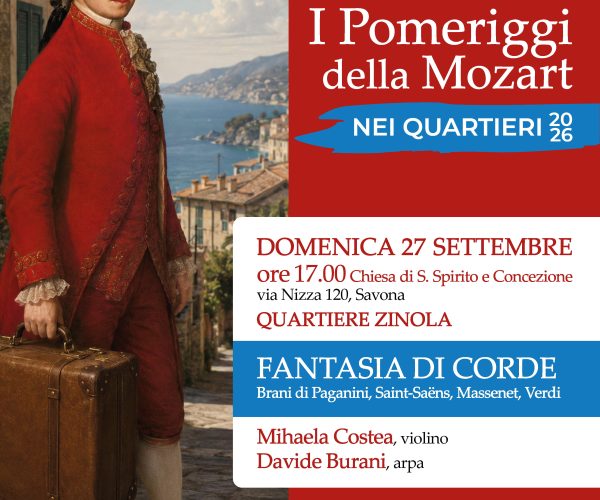 La grande musica nei quartieri di Savona: domenica 27 settembre appuntamento a Zinola con violino e arpa