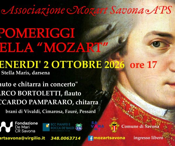 “I Pomeriggi della Mozart” tornano in Darsena a Savona: il 2 ottobre flauto e chitarra in concerto alla Stella Maris