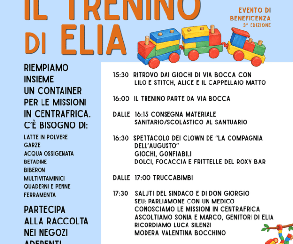 Torna ad Arenzano “Il Trenino di Elia”: sabato 26 settembre festa e solidarietà per il Centrafrica