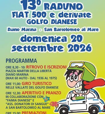 Torna il Raduno Fiat 500 del Golfo Dianese: il 20 settembre appuntamento a Diano Marina e San Bartolomeo al Mare