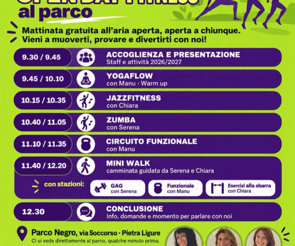 Open Day Fitness a Pietra Ligure: il 3 ottobre una mattinata gratuita di sport al Parco Negro