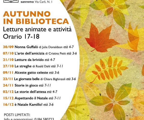 “Autunno in Biblioteca” a Sanremo: al via il calendario di letture animate per bambini e ragazzi